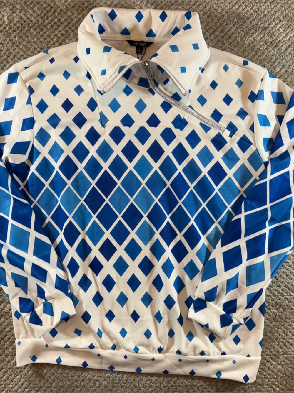 Acegolfs Women’s M 1/4 Zip Golf JacketBlue & White Geometric Diamond Print NWT - Picture 3 of 9